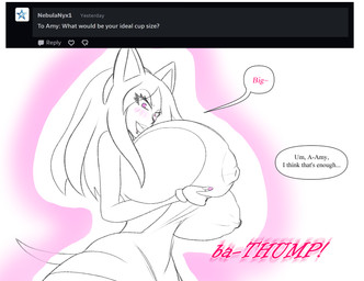 accessory ask_blog big_breasts blush breast_expansion breasts clothing dialogue dress expansion female gloves glowing growth hair hair_growth handwear headband huge_breasts hyper hyper_breasts milk nipple_outline onomatopoeia short_tail simple_background solo sound_effects speech_bubble tail text wristband gigajule5_(artist) sega sonic_the_hedgehog_(series) amy_rose animal_humanoid eulipotyphlan eulipotyphlan_humanoid hedgehog_humanoid humanoid mammal mammal_humanoid english_text unavailable_at_source