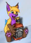 alcohol anthro bad_parenting beverage drinking food happy male simple_background solo whiskey young young_anthro fuzzywuff jack_daniel's zintrex canid canine caracal caracal_(genus) felid feline fox hybrid mammal hi_res