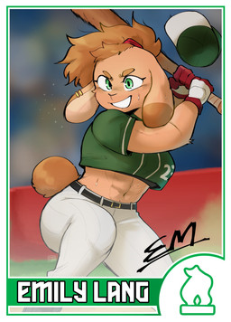 abs anthro athletic athletic_anthro athletic_female baseball baseball_(sport) baseball_bat baseball_cap baseball_card bat_(object) belt blurred_background bodily_fluids bottomwear breasts brown_eyebrows brown_hair brown_tail clothed clothed_anthro clothed_female clothing ear_piercing eyebrows female female_anthro fingers floppy_ears footwear fur gloves green_clothing green_eyes green_footwear green_shirt green_socks green_topwear group hair handwear hat headgear headwear holding_baseball_bat lop_ears midriff navel number number_on_clothing pants piercing playing_baseball shirt smile socks solo_focus sport sweat tail tan_body tan_ears tan_fur tan_inner_ear text topwear trading_card white_bottomwear white_clothing white_pants white_sclera white_text conditional_dnp sonokido ventura_city_drifters emily_lang lagomorph leporid mammal rabbit 2022 absurd_res digital_media_(artwork) hi_res