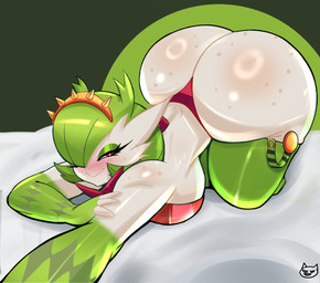 anthro bed big_breasts big_butt blush blush_lines breasts butt eyelashes eyeshadow female female_humanoid freckled_butt freckled_face freckled_shoulders freckles furniture glistening_eyelids green_eyeshadow huge_butt long_eyelashes makeup pose smile gomezcat nintendo pokemon gardevoir generation_3_pokemon humanoid pokemon_(species) absurd_res hi_res pinup