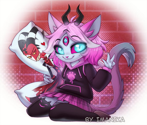 3_eyes 4_fingers anthro body_pillow bottomwear clothing dakimakura dakimakura_pillow female fingers fur gesture hair hand_gesture hoodie horn humanoid_hands kneeling leggings legwear micro_calves micro_legs micro_thighs multi_eye pillow pink_body pink_fur pink_hair pink_nose pink_sclera skirt solo thick_thighs thin_calves thin_legs thin_thighs topwear v_sign white_eyes imanika hellaverse helluva_boss blitzo_(helluva_boss) emberlynn_pinkle demon felid feline imp mammal 2024