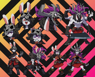 4_arms 5_fingers abs anthro antlers belt black_hair bone boots bottomwear brown_clothing brown_topwear buckle clothed clothing ears_down ears_up female fingers footwear frown fur gloves gradient_background grey_antlers hair handwear holding_object holding_weapon horn long_ears male mouth_closed multi_arm multi_limb multiple_poses muscular muscular_anthro narrowed_eyes open_mouth open_smile pattern_background pink_inner_ear pivoted_ears pose pouch_(clothing) purple_eyes purple_hair red_bottomwear red_clothing red_eyes shawl shoes simple_background skull skull_head smile teeth topless topwear transformation weapon white_body white_ears white_face white_fur wide_eyed funbunnygrim niking hex_(funbunnygrim) hexalia_(funbunnygrim) lagomorph leporid mammal rabbit 2020 digital_media_(artwork) hi_res model_sheet