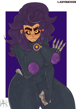 5_fingers anthro areola arm_down arm_under_breasts bent_arm big_breasts big_hair biped black_sclera bone border breasts claws cute_fangs exoskeleton eyebrows eyelashes fangs female fingers fist fur genitals glowing glowing_markings grey_body grey_fur hair humanoid_face long_hair looking_at_viewer markings messy_hair nipples pose puffy_areola purple_background purple_hair purple_nipples round_ears simple_background smile solo tan_body teeth thick_eyebrows thick_thighs vulva white_border x_nipples yellow_eyes yellow_markings ladyduck69 disney the_owl_house luz_noceda titan_luz demon mammal primate titan_(the_owl_house) 2023 colored digital_drawing_(artwork) digital_media_(artwork) half-length_portrait hi_res line_art pinup portrait shaded signature