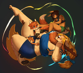 4_toes 5_fingers 5_toes abs accessory angry anthro barefoot belt_collar between_legs big_breasts bikini bikini_top black_lips black_nails blonde_hair blue_eyes blush bottomwear bow_ribbon breasts brown_body brown_fur brown_hair chokehold clothed clothing colored_nails denim denim_bottomwear denim_clothing denim_shorts feet female fight fingers fist foot_on_face foot_on_head fur group hair hair_accessory hair_bow hair_ribbon headlock holding_leg huge_breasts leg_grab leg_wrap lips long_hair muscular muscular_female nails navel neck_tuft one_eye_closed orange_body orange_eyes orange_fur orange_hair pawpads pink_lips ribbons sharp_nails shirt short_hair shorts size_difference soles swimwear tank_top thick_thighs tied_hair toes topwear tuft two-piece_swimsuit wide_eyed wide_hips yellow_body yellow_fur magikapotata dog_knight_rpg jeane_(ceehaz) maci_(ceehaz) rory_(ceehaz) vela_(kagekitsoon) bird_dog canid canine canis dobermann domestic_dog fox golden_retriever hunting_dog mammal pinscher pomeranian retriever spitz 2022