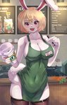 anthro apron apron_only blonde_hair breasts butt clothed clothing container cup female fur hair holding_container holding_cup holding_object holding_pen legwear mostly_nude name_tag pen solo stockings text white_body white_fur klopsiak i_mean_breast_milk one_piece starbucks carrot_(one_piece) lagomorph leporid mammal minkmen_(one_piece) rabbit absurd_res english_text hi_res meme