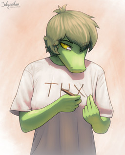 5_fingers anthro clothed clothing eyebrow_through_hair eyebrows eyelashes eyelashes_through_hair female fingers glistening glistening_hair green_body green_hair grey_eyes hair holding_clothing holding_object looking_down pupils shadow shirt simple_background slit_pupils solo t-shirt text thanking topwear translucent translucent_hair white_clothing white_shirt white_t-shirt white_topwear writing_on_clothes writing_on_self yellow_sclera suhar cavemanon_studios i_wani_hug_that_gator thx olivia_halford baryonyx dinosaur prehistoric_species reptile saurischian scalie spinosaurid theropod 2025 digital_drawing_(artwork) digital_media_(artwork) half-length_portrait hi_res portrait shaded signature