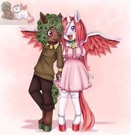 1_horn :3 adolescent ambiguous_anthro ambiguous_gender anthro bottomwear brown_body brown_bottomwear brown_clothing brown_fur brown_pants brown_sweater brown_topwear clothed clothed_anthro clothing collar curly_hair dress duo eye_patch eyelashes eyewear feathered_wings feathers female female_anthro feral fur green_collar green_hair green_hooves green_tail hair hand_holding hooves horn humanoid_hands legwear looking_down looking_up missing_tooth open_mouth pants pink_clothing pink_dress pink_hair pink_hooves pink_tail pink_wings purple_eyes red_collar red_eyes smile spiral_horn standing sweater tail teeth text topwear white_body white_clothing white_fur white_horn white_legwear wings young young_ambiguous young_anthro young_female young_feral demonfluffbell nekuchan fluffy_pony mythology dolly_(nekuchan) rex_(nekuchan) equid equine fluffy_pony_(species) mammal mythological_creature mythological_equine winged_unicorn 2026 absurd_res artist_name character_name digital_media_(artwork) english_description hi_res picture_in_picture shaded