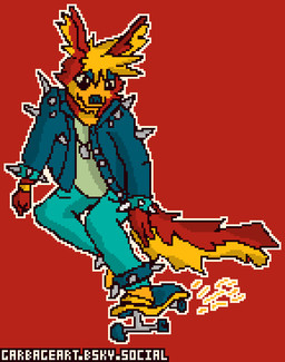 anthro blue_bottomwear blue_clothing blue_jacket blue_nose blue_pants blue_topwear bottomwear bracelet clothing dog_tags fur jacket jewelry leather leather_clothing leather_jacket leather_topwear male pants red_background red_body red_fur simple_background skating solo sparks spiked_bracelet spiked_jacket spikes topwear yellow_body yellow_fur garbage_art fancy_dawg canid canine canis domestic_dog mammal 2025 digital_media_(artwork) hi_res pixel_(artwork) shaded simple_shading