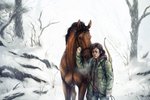 backpack blue_eyes bow_(weapon) brown_body brown_eyes brown_fur brown_hair clothing duo female feral forest fur hair jacket plant ranged_weapon snow snowing topwear tree weapon hakaishi naughty_dog sony_corporation sony_interactive_entertainment the_last_of_us callus_(tlou) ellie_(tlou) equid equine horse human mammal