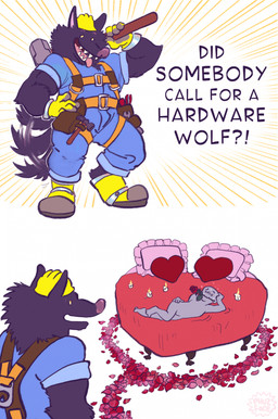 anthro armor bed bedding duo furniture hammer headgear helmet humor male open_mouth open_smile pillow smile tail tail_motion tailwag text tools phuzface anon canid canine canis human mammal wolf english_text hi_res