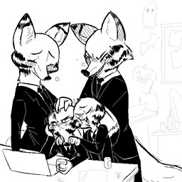 alcohol anthro beverage blush clothed clothing computer costume crossdressing drunk ear_markings electronics facial_markings female group hand_on_head hand_on_shoulder head_markings holidays laptop male markings necktie nuzzling substance_intoxication suit replytoanons disney halloween zootopia jack_savage judy_hopps nick_wilde skye_(zootopia) arctic_fox canid canine fox lagomorph leporid mammal rabbit red_fox true_fox 1:1 2016 black_and_white monochrome sketch
