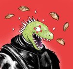 ambiguous_gender anthro clothed clothing dumplings food green_body open_mouth open_smile sharp_teeth smile solo sparkles spikes spikes_(anatomy) teeth plastiboo dorohedoro kaiman_(dorohedoro) scalie digital_media_(artwork)