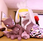 anthro clothing duo genitals legwear lying male male/male nipples on_side size_difference thigh_highs adynamical nintendo pokemon generation_1_pokemon generation_8_pokemon legendary_pokemon mewtwo pokemon_(species) raboot 3d_(artwork) digital_media_(artwork) hi_res