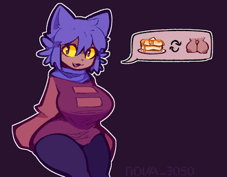 :3 aged_up anthro big_breasts breast_play breasts clothing dialogue_box female food genitals glans hair nipples offering_sex pancake penis purple_clothing purple_hair robe scarf sex solo tanned_skin thighs_together titfuck wide_hips yellow_sclera nova3050 oneshot niko_(oneshot) felid feline mammal pictographics