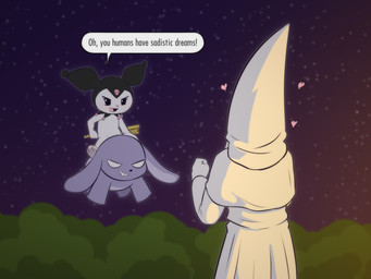 3_toes anthro anticipation barefoot clothing convenient_censorship cute_fangs dialogue duo evil_grin fangs feet female flying forest heart_reaction hood key ku_klux_klan light male melody_key night no_pupils nude oh_no plant rear_view robe sadism size_difference skull_symbol smile spade_tail speech_bubble star tail teeth text toes tree what why e254e onegai_my_melody sanrio baku_(sanrio) kuromi demon human lagomorph leporid mammal rabbit tapir 4:3 absurd_res english_text hi_res