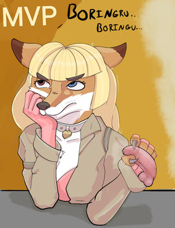 anthro balls big_breasts blonde_hair blue_eyes bodily_fluids bored breasts claws cleavage clothed clothing collar cum cum_drip disembodied_penis dripping eye_roll female finger_claws fingerless_gloves foreskin fur genital_fluids genitals gloves hair handjob handwear heart_clothing heart_symbol heterochromia humanoid_genitalia humanoid_penis humiliation jacket male penile penis penis_humiliation precum red_eyes sex simple_background small_penis small_penis_humiliation topwear pickleticklr combat_cat_studio wild_assault akai_hime_(wild_assault) canid canine fox mammal digital_media_(artwork) hi_res