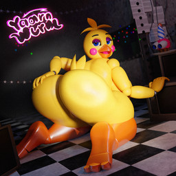 anthro beak blue_pupils butt feet female genitals glistening glistening_butt glistening_feet glistening_legs hand_on_butt humor kneeling looking_at_viewer looking_back machine open_beak open_mouth presenting presenting_hindquarters presenting_to_viewer pupils pussy_peek solo text vulva yellow_body yaarnwurm mipsmiyu_(modeler) five_nights_at_freddy's five_nights_at_freddy's_2 scottgames cupcake_(fnaf) mr._cupcake runaboo_chica toy_chica_(fnaf) animatronic avian bird chicken galliform phasianid robot 1:1 3d_(artwork) alternate_version_at_source artist_name digital_media_(artwork) hi_res watermark