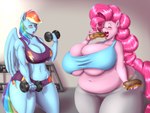 2024 5_fingers anthro anthrofied athletic athletic_anthro athletic_female belly biceps big_belly big_breasts blue_body blue_fur blues64 blush bottomwear breast_squish breasts bulging_breasts clothing crop_top curvy_figure cutie_mark dessert detailed_background digital_drawing_(artwork) digital_media_(artwork) doughnut dumbbell duo earth_pony eating eating_food equid equine exercise eyelashes eyes_closed feathered_wings feathers female fingers fluffy fluffy_tail food friendship_is_magic fur gym hair hasbro hi_res horse huge_breasts huge_thighs inside long_tail mammal marauder6272 morbidly_obese multicolored_hair multicolored_tail my_little_pony mythological_creature mythological_equine mythology navel obese overweight overweight_anthro overweight_female pegasus pink_body pink_eyes pink_fur pink_hair pink_tail pinkie_pie_(mlp) pony rainbow_dash_(mlp) rainbow_hair rainbow_tail shirt shorts squish sweatpants tail thick_thighs topwear under_boob voluptuous weight_difference weightlifting weights wide_hips wings workout workout_clothing