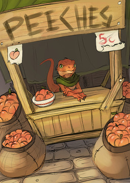 ambiguous_gender anthro claws clothed clothing detailed_background food fruit fruit_stand green_eyes horn orange_body orange_scales peach_(fruit) plant scales scarf smile solo flamespitter peaches_(flamespitter) kobold scalie 2023 hi_res female_(lore)