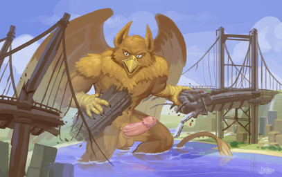 abs anthro balls beak biceps biped bridge brown_body building building_destruction car city city_background cityscape claws destruction detailed_background erection extreme_size_difference feathered_wings feathers finger_claws fingers genitals house humanoid_genitalia humanoid_penis looking_at_viewer macro macro_anthro macro_male male muscular muscular_anthro muscular_male nude outside pecs penile penis rampage size_difference sky solo tail vehicle vehicle_destruction water wings skadigasm mythology carpo avian gryphon mythological_avian mythological_creature hi_res