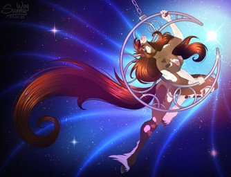 anthro breasts dancing elegant female fluffy fur genitals hair hooves humanoid_genitalia humanoid_vulva long_hair moon nipples nude reward show slightly_chubby smile solo star thick_thighs vulva sunny_way equid equine horse mammal hi_res
