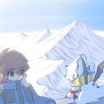 anthro brown_hair camping clothing duo green_eyes hair jacket male mountain scarf snow topwear white_body wings sansyonoki64 bandai_namco digimon digimon_ghost_game hiro_amanokawa digimon_(species) gammamon human mammal 1:1