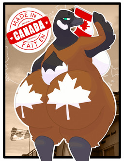 anthro big_breasts big_butt breasts butt canadian_flag female flag flag_(object) holidays looking_at_viewer looking_back nude slightly_chubby slightly_chubby_female solo everminnetheermine canada_day anatid anseriform anserine avian bird canada_goose goose hi_res