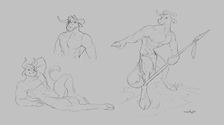 abs anthro bottomwear bulge closed_smile clothed clothing ear_piercing ear_ring grass hand_behind_head holding_melee_weapon holding_object holding_polearm holding_spear holding_weapon horn loincloth loincloth_only looking_at_viewer male male_anthro melee_weapon mouth_closed muscular muscular_anthro muscular_male nude pecs piercing plant polearm pose reclining ring_piercing smile solo spear tail tail_tuft topless tuft weapon timmothy_arts bovid bovine cattle mammal absurd_res bust_portrait full-length_portrait hi_res monochrome portrait sketch sketch_page