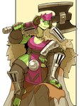 4_toes 5_fingers anthro armor big_breasts blue_eyes bottomwear breasts cape cleavage clothed clothing feet female fingers gloves greataxe greaves green_body green_scales hair handwear leotard loincloth mohawk non-mammal_breasts pauldron pink_hair plantigrade scales sitting solo stirrup_footwear thick_thighs toes vambrace weapon_over_shoulder wide_hips ceehaz mythology luca_(spicybara) dragon fish hybrid marine mythological_creature mythological_scalie scalie shark 2023 hi_res