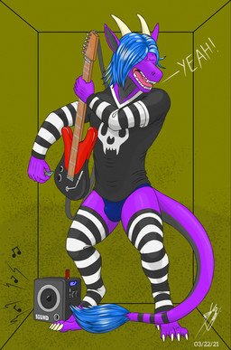 abstract_background bulge clothing detailed_bulge electric_guitar genital_outline guitar male musical_instrument penis_outline plucked_string_instrument solo speaker string_instrument tail underwear drekkorwolfsoul mythology dragomir_drakonikovich dragon mythological_creature mythological_scalie scalie absurd_res hi_res