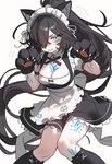 black_hair blue_eyes breasts cat_ear_legwear cat_paws claws cleavage clenched_teeth clothed clothing female footwear gloves hair hair_over_eye handwear inner_ear_fluff knee_highs legwear long_hair looking_at_viewer maid_apron maid_headdress maid_uniform markings paw_gloves ponytail pose simple_background socks solo teeth tuft uniform ebora ponos_corp. the_battle_cats kasli animal_humanoid felid felid_humanoid feline feline_humanoid humanoid mammal mammal_humanoid 2024 digital_drawing_(artwork) digital_media_(artwork) hi_res