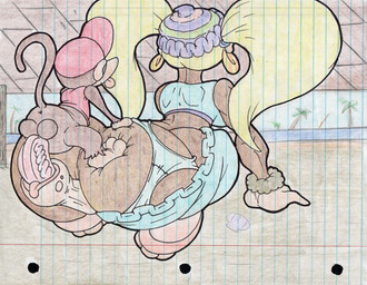 anthro balls big_butt blonde_hair blue_clothing butt clothing duo female genitals hair inside male penetration penis sex vaginal vaginal_penetration vaginal_tugging vulva virus-20 donkey_kong_(series) nintendo diddy_kong tiny_kong haplorhine mammal monkey primate 2015 traditional_media_(artwork)