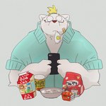 anthro blonde_hair cellphone electronics eyewear food glasses hair humanoid_hands kemono male overweight overweight_anthro overweight_male phone simple_background smartphone solo text dumdum bear mammal polar_bear ursine 1:1 2021 hi_res japanese_text