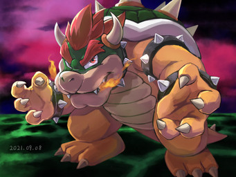 anthro breath_powers claws elemental_manipulation fire fire_breathing fire_manipulation hair horn looking_at_viewer male red_eyes red_hair solo teeth ya_mari_6363 mario_bros nintendo super_mario_64 bowser koopa scalie 2021 dated hi_res
