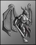 angry anthro areola armor arrow_(weapon) black_border blood bodily_fluids border breasts clothed clothing exposure_variation female gradient_background melee_weapon membrane_(anatomy) membranous_wings nipples partially_clothed ranged_weapon simple_background solo spread_wings sword tail topless unconvincing_armor weapon wings wounded revertigo dungeons_and_dragons hasbro mythology wizards_of_the_coast dragon dragonborn_(dnd) mythological_creature mythological_scalie scalie absurd_res full-length_portrait hi_res monochrome portrait signature