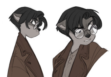 anthro black_hair black_snout clothing coat eyebrows eyewear female fur glasses grey_body grey_fur hair humanoid_pointy_ears looking_aside pointy_ears short_hair simple_background solo thick_eyebrows topwear white_background marcie_montis mirabelle_collins ambiguous_species felid mammal hi_res