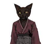 anthro asian_clothing black_body black_fur black_nose clothed clothing east_asian_clothing eye_scar eyebrows facial_scar fur japanese_clothing kimono male melee_weapon pupils red_clothing red_kimono scabbard scar sheathed_sword simple_background snout solo sword weapon white_background yellow_sclera 4chan_anon domestic_cat felid feline felis mammal 2023 digital_media_(artwork) half-length_portrait low_res oekaki portrait shaded soft_shading