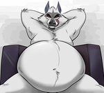 anthro belly big_belly black_lips clenched_teeth ears_up evil_grin fangs fur grey_body grey_fur hands_behind_head imminent_vore licking licking_lips lips looking_at_viewer male navel nude open_mouth overweight overweight_anthro overweight_male red_eyes sharp_teeth sitting smile smiling_at_viewer solo teeth tongue tongue_out vore remmyfox dreamworks puss_in_boots_(franchise) death_(puss_in_boots) canid canine canis mammal wolf 2023 hi_res