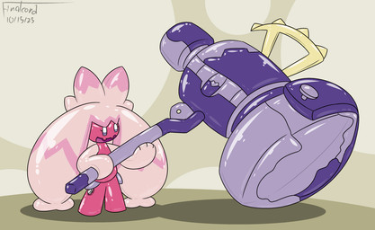 ambiguous_gender anthro hammer holding_object holding_weapon inflatable maul nozzle nozzle_(valve) nozzle_on_leg pink_body simple_background solo tan_background tools twintails_(hairstyle) weapon finalcord nintendo pokemon hexatoy animate_inanimate generation_9_pokemon living_inflatable pokemon_(species) tinkaton 2025 dated digital_media_(artwork) hi_res
