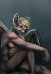 abs anthro arm_on_leg bat_wings blonde_hair blue_eyes brown_body brown_eyebrows brown_fur brown_nipples eyebrows fur hair looking_aside male membrane_(anatomy) membranous_wings nipples pecs sitting solo wings manebaloart bat mammal hi_res