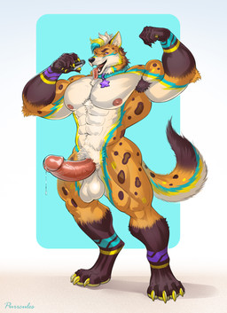 abs anthro armpit_hair biceps big_muscles bodily_fluids body_hair body_worship calf_muscles claws collar collar_only colored_nails corruption countershade_accent drugs eyebrows flexing flexing_bicep gooner hair himbofication jock lil_bro male multicolored_body multicolored_hair muscle_worship muscular nails navel nude pecs poppers purple_eyes quads saliva simple_background solo spots tail token tongue tongue_out yellow_claws yellow_nails purrcules_(artist) bird_dog canid canine canis domestic_dog golden_retriever hunting_dog hyena mammal retriever wolf absurd_res hi_res