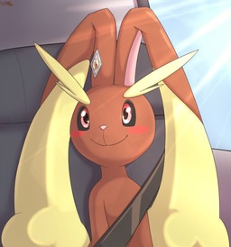 ambiguous_gender anthro black_sclera blush blush_stickers brown_body cosplay ear_accessory inside_vehicle light mega_stone on_model red_eyes scene_parody seat_belt sitting smile solo sunlight vehicle_interior an-tonio nintendo pokemon poketoon tomorrow_with_gardevoir yugo's_gardevoir generation_4_pokemon lopunny pokemon_(species) 2025 absurd_res hi_res
