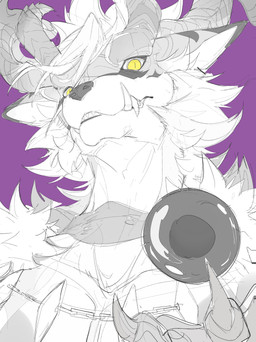 4_horns anthro claws exposed_teeth finger_claws head_horn horn looking_at_viewer male mouth_closed multi_horn overbite pupils purple_background simple_background slit_pupils solo tooth_necklace underbite white_sclera yellow_eyes chiayeeee canid canine canis mammal wolf 2023 absurd_res bust_portrait digital_drawing_(artwork) digital_media_(artwork) hi_res portrait