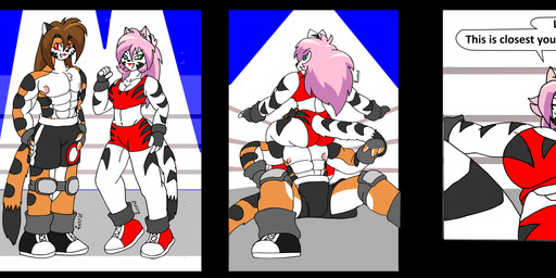 bronco_buster female fighting_ring first_person_view looking_at_viewer male male/female taunting white_body wrestler wrestling zkfanart rascals isabella_kane skye_roarx felid mammal pantherine tiger absurd_res hi_res