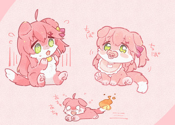 accessory ahoge bell bib bodily_fluids dog_tail female fire floppy_ears folded_ears fur green_eyes hair hair_accessory object_in_mouth open_mouth pacifier pacifier_in_mouth pink_body pink_fur simple_background solo tail tears text white_body white_fur user_wnnm5534 hololive vtuber sakura_miko domestic_cat felid feline felis mammal 2022 japanese_text