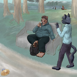 anthro backpack bench blue_eyes burrito city clothed clothing duo_focus food grass group landscape male mountain on_bench outside overweight park paws plant tree menebunny bear chinchilla chinchillid mammal mustelid otter rodent 1:1 hi_res