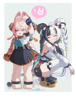 anthro black_hair braided_hair braided_pigtails clothed clothing crouching dress duo electronics exclamation_point eyes_closed female gesture hair hair_bun holding_object holding_phone inner_ear_fluff kemono long_hair multicolored_hair paws phone phone_call pigtails pink_body pink_ears pink_hair raised_finger raised_pinky red_eyes size_difference smile speech_bubble tuft twin_buns white_hair young young_anthro young_female uixylberte mihoyo zenless_zone_zero dialyn_(zenless_zone_zero) zhao_(zenless_zone_zero) human lagomorph leporid mammal rabbit thiren 3:4 hi_res pictographics signature watermark adult_(lore)