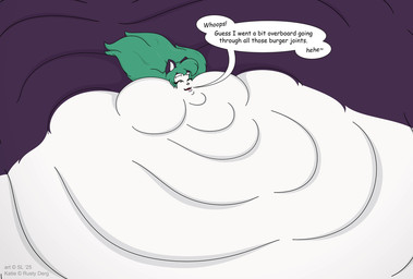 anthro black_body black_fur copyright_symbol eyebrows female fur green_hair hair immobile morbidly_obese morbidly_obese_anthro morbidly_obese_female multicolored_body multicolored_fur obese obese_anthro obese_female open_mouth overweight overweight_anthro overweight_female pink_nose red_tongue solo symbol text tongue yellow_eyes satsumalord mammal mephitid skunk 2025 english_text hi_res