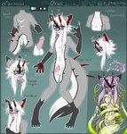 annoyed anthro balls bdsm big_tail black_horn blue_claws blush bodily_fluids bound claws cum ear_penetration erection femboy forked_tongue genital_fluids genitals grey_body heart_symbol horn male nipples penetration penis penis_in_tentacle red_eyes red_horn red_spikes restrained sex solo standing tail tentacle_in_ear tentacle_on_penis tentacle_penetration tentacle_sex tentacles text tongue tongue_out okuri asian_mythology east_asian_mythology japanese_mythology mythology okuri_yamainu yokai english_text hi_res model_sheet