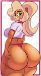 anthro big_butt blonde_hair breasts brown_eyebrows brown_nose butt clothing countershading eyebrows eyelashes female food fruit green_eyes grin hair huge_butt lips midriff orange_ears panties pink_clothing pink_panties pink_underwear plant ponytail pupils rear_view shirt side_boob smile solo tan_body tan_countershading thick_thighs topwear underwear white_clothing white_shirt white_topwear wide_hips wumpa_fruit davidsanchan activision crash_bandicoot_(series) coco_bandicoot bandicoot mammal marsupial absurd_res artist_name hi_res signature